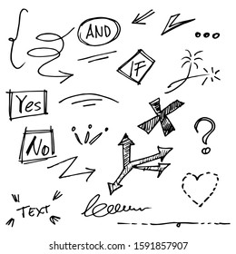 Vector hand drawn collection of design element. curly swishes, swoops, swirl, arrow, heart, love, crown, leaf, star, sun burst, firework, highlight text and emphasis element. use for concept design