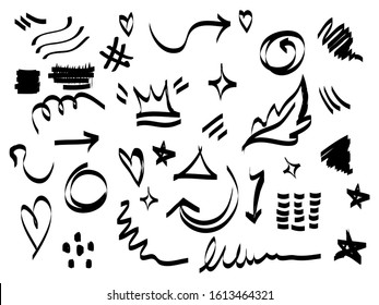 Vector hand drawn collection of design element. curly swishes, swoops, swirl, arrow, heart, love, crown, leaf, star, sun burst, firework, highlight text and emphasis element. use for concept design