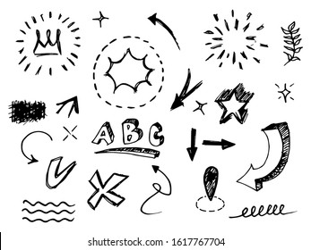 Vector hand drawn collection of design element. Arrow, heart, love, speech bubble, star, leaf, sun,light,check marks ,crown, king, queen,Swishes, swoops, emphasis ,swirl, heart, on white background