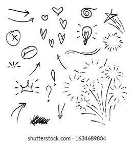 Vector hand drawn collection of design element. Arrow, heart, love, speech bubble, star, leaf, sun,light,check marks ,crown, king, queen,Swishes, swoops, emphasis ,swirl, heart, on white background. 