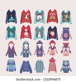 Vector Hand drawn collection of different fashion knitting warm clothes in flat style. Collection of winter clothes  illustration.