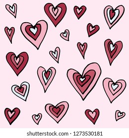 vector hand drawn collection of doodle illustration of love hearts, perfect as a decorative background, wedding invitation, happy valentine's day card, or a seamless colourful texture, in red and pink