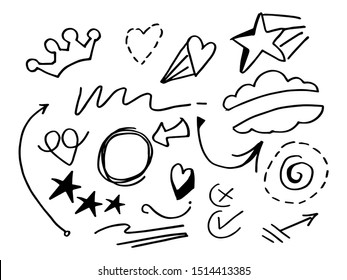 Vector hand drawn collection of doodle design element. scribble curly swishes, swoops, swirl, arrow, heart, love, crown, star and emphasis element. use for concept design