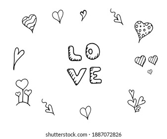 Vector hand drawn collection of doodle elements. Hand drawn sketches of hearts. Black and white illustration.