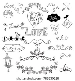 Vector hand drawn collection of doodle elements. Hand drawn sketches of speech  swirls, strokes and other symbols. Black and white illustration.