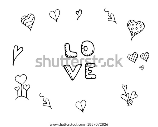 Vector hand drawn\
collection of doodle elements. Hand drawn sketches of hearts. Black\
and white illustration.