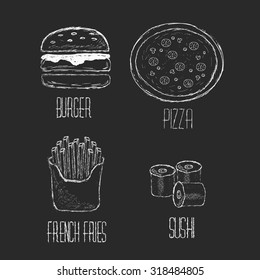 Vector Hand drawn collection of fast food, junk food. Set Sushi, pizza, burger and french fries hand drawn concept.