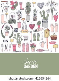 The vector hand drawn collection of garden items. Isolated elements for your design. Flowers, tools, plants, pots, gloves, equipment, basket, boots, etc. Creative concept for print design.