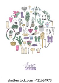The vector hand drawn collection of garden items. Isolated elements for your design. Flowers, tools, plants, pots, gloves, equipment, basket, boots, etc. Creative concept for print design.