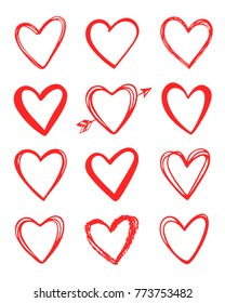 Vector hand drawn collection of graphic hearts. Design elements for Valentine's day. Brush painting. Vector Valentines love isolated hearts