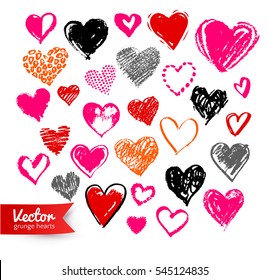 Vector hand drawn collection of grunge Valentine hearts on white background.