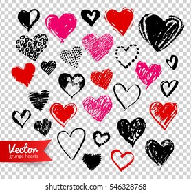 Vector hand drawn collection of grunge Valentine hearts on transparency background.