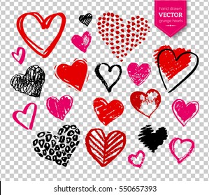 Vector hand drawn collection of grunge Valentine hearts on transparency background.