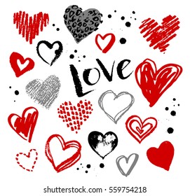 Vector hand drawn collection of grunge Valentine hearts on white background.