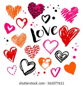 Vector hand drawn collection of grunge Valentine hearts on white background.