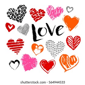 Vector hand drawn collection of grunge Valentine hearts on white background with Love word lettering.