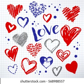 Vector hand drawn collection of grunge Valentine hearts on school notebook checkered paper background with Love word lettering.