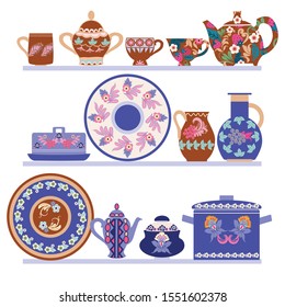 Vector hand drawn collection handmade ceramics elements on shelves. Decorative Beautiful tableware. Kitchen utensils and dinnerware. Can use for pattern, template, banner, posters, shop or Restaurant 