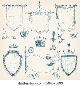 Vector hand drawn collection of heraldic templates: shield, flag, standard, crown, plants. Sketchy engraving style. Isolated medieval set.