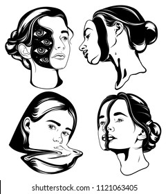 Vector hand drawn collection of illustrations of surreal portraits . Tattoo artwork. Template for card, poster. banner, print for t-shirt, pin, badge, patch.