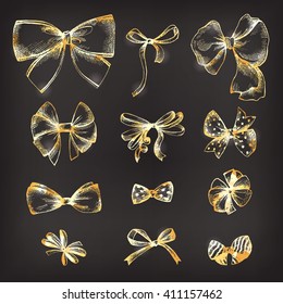 Vector hand drawn collection of lush golden bows and confetti. Vintage glamor decoration for traditional holidays and gift boxes. Concept illustration.