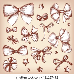 Vector hand drawn collection of lush bows and confetti. Vintage decoration for traditional holidays and gift boxes. Concept illustration.