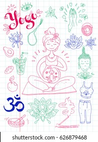 Vector hand drawn collection. Mom and baby. Yoga for pregnant women. Cute cartoon style. Color illustration. Ohm.
