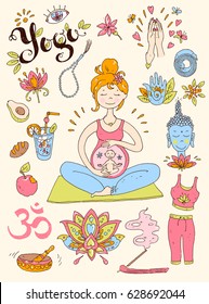 Vector hand drawn collection. Mom and baby. Yoga for pregnant women. Cute cartoon style. Color illustration. Ohm.