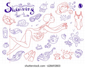 Vector hand drawn collection. Mom and baby. Swimming for pregnant women. Cute cartoon style. Outline illustration.