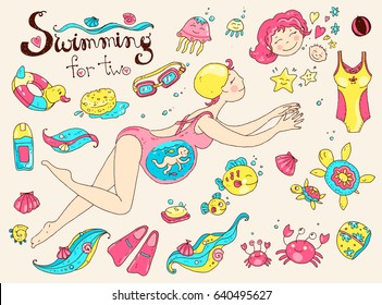 Vector hand drawn collection. Mom and baby. Swimming for pregnant women. Cute cartoon style. Color illustration.