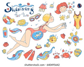 Vector hand drawn collection. Mom and baby. Swimming for pregnant women. Cute cartoon style. Color illustration.