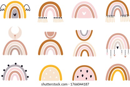 Vector hand drawn collection for nursery decoration with cute rainbows. Doodle illustration. Perfect for baby shower, birthday, children's party, summer holiday, clothing prints, greeting cards