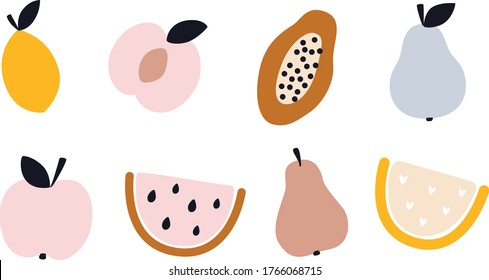 Colección dibujada a mano vectora para la decoración de vivero con fruta linda. Ilustración del doodle. Perfecto para la ducha de bebé, cumpleaños, fiesta infantil, vacaciones de verano, huellas de ropa, tarjetas de felicitación