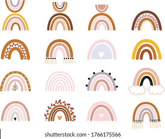 Vector hand drawn collection for nursery decoration with cute rainbows pastel color. Doodle illustration. Perfect for baby shower, birthday, children's party, summer holiday, clothing prints