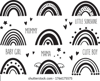 Vector hand drawn collection for nursery decoration with cute rainbows pastel color. Doodle illustration. Perfect for baby shower, birthday, children's party, summer holiday, clothing prints