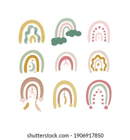 Vector hand drawn collection for nursery decoration with cute boho rainbows pastel color. Perfect for baby shower, birthday, children's party, summer holiday, clothing prints