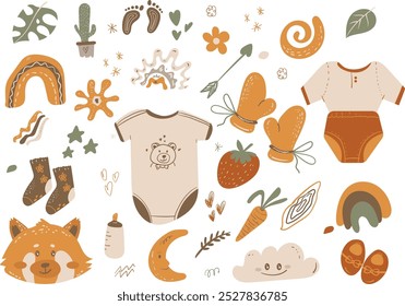 colección dibujada a mano de Vector para la decoración de la guardería y baby shower. Ropa de bebé, arco iris, juguetes, animales, ramas, frutas. Perfecto para cumpleaños, fiesta infantil, vacaciones de verano, estampados de ropa