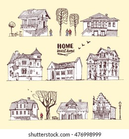 Vector hand drawn collection of old european houses and trees. Sweet home. Vintage touristic postcard. Travel sketch.