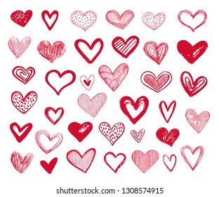 Vector hand drawn collection of red and pink  hearts on white background. Design elements for Valentine's day.