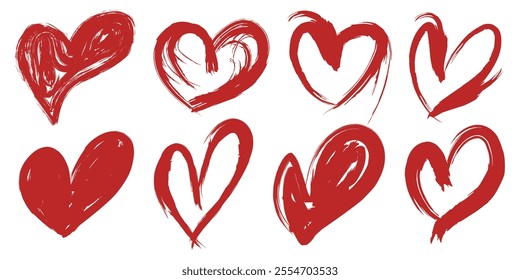 Vector hand drawn collection of red love shapes brush stroke using artistic brush for anniversary, romance and valentine's day concept.