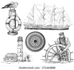 Vector hand drawn collection of sea and nautical elements