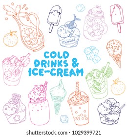 A vector hand drawn collection set of cold drinks and ice-cream. Summer theme beverages, colorful line art for advertising, banners, leaflets and menu