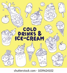 A vector hand drawn collection set of cold drinks and ice-cream. Summer theme beverages, line art for advertising, banners, leaflets and menu in white color on lime yellow background