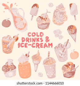 A vector hand drawn collection set of cold drinks and ice-cream. Summer theme beverages,full chocolate colored art for advertising, banners, leaflets and menu line art on beige background