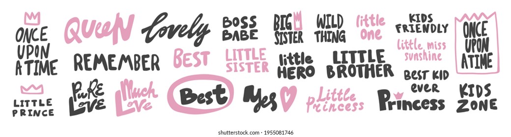 Vector hand drawn collection set of calligraphy lettering quotes and words. Pink and black color