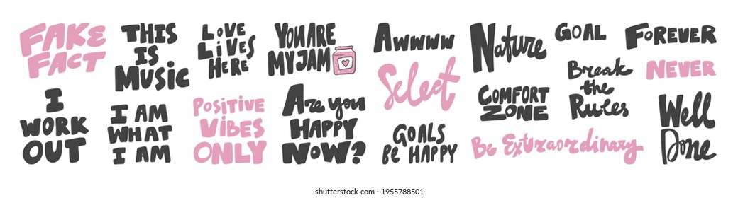 Vector hand drawn collection set of calligraphy lettering quotes and words. Pink and black color