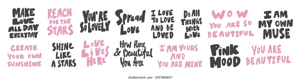 Vector hand drawn collection set of calligraphy lettering quotes and words. Pink and black color