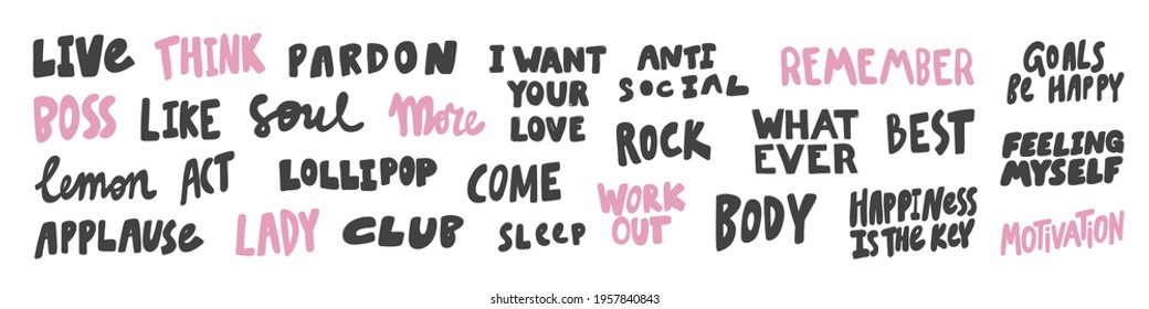 Vector hand drawn collection set of calligraphy lettering quotes and words. Pink and black color