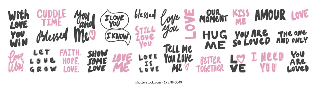 Vector hand drawn collection set of calligraphy lettering quotes and words. Pink and black color