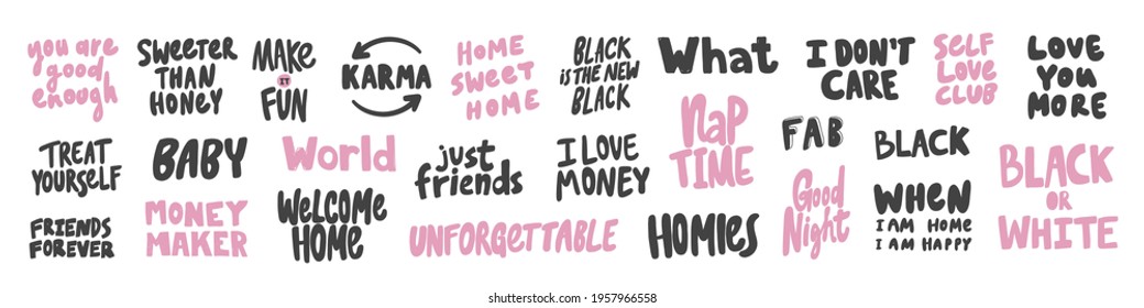 Vector hand drawn collection set of calligraphy lettering quotes and words. Pink and black color